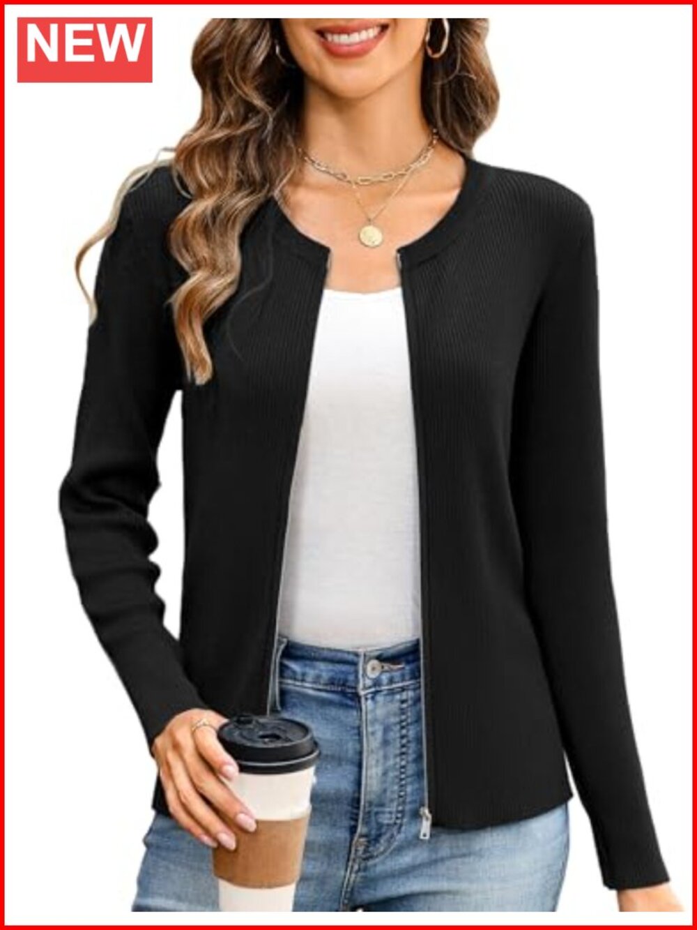 Viscose Zip Up Cardigan Lightweight Knitted Crew Neck Sweater